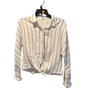 Bella Dahl Long Sleeve Tie Front Linen Blend Blouse White with Green Stripes XS